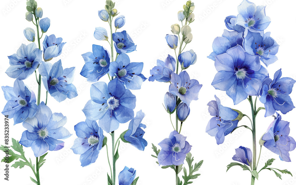 Beautiful watercolor illustration of blue delphinium flowers in full