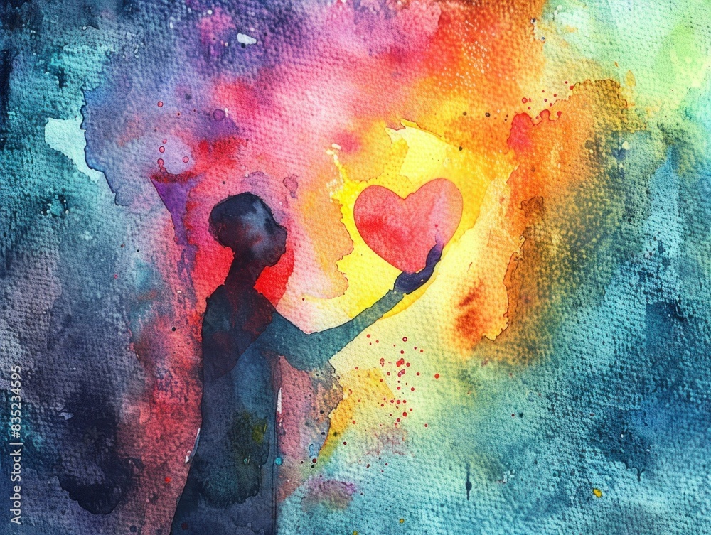 Fototapeta premium Colorful watercolor painting of person holding heart in front of vibrant background, symbolizing love and emotion
