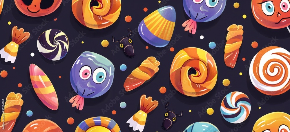 Halloween candy, eyes and mouth on the cover, simple flat cartoon style, colorful candy pattern 