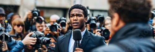 An African-American public speaker stands in the middle of the street holding a microphone as he gives a speech to a TV camera or a breaking news reporter who covers live media coverage of press photo