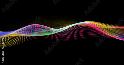 Abstract winding lines of different colors on a black background. Vector illustration in concept technology, science, music, modernity.