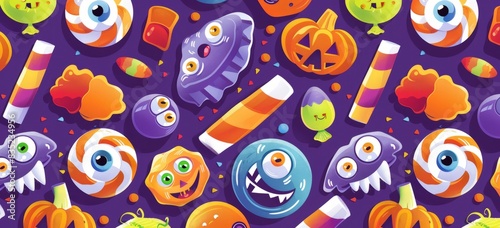 Halloween candy, eyes and mouth on the cover, simple flat cartoon style, colorful candy pattern 