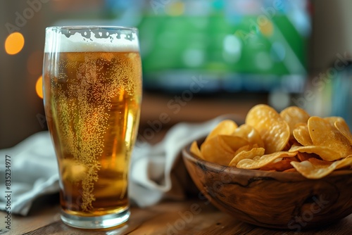 Cold glass of beer and bowl chips with soccer match on TV at home  closeup view