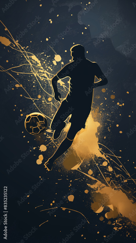 Naklejka premium Golden silhouette of soccer player in action with ball on dark abstract background, artistic illustration