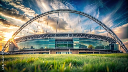 Low angle shot of Wembley Stadium with noise effect during afternoon, Wembley Stadium, sports venue, architecture, British landmark, London, UK, football, soccer, iconic, structure