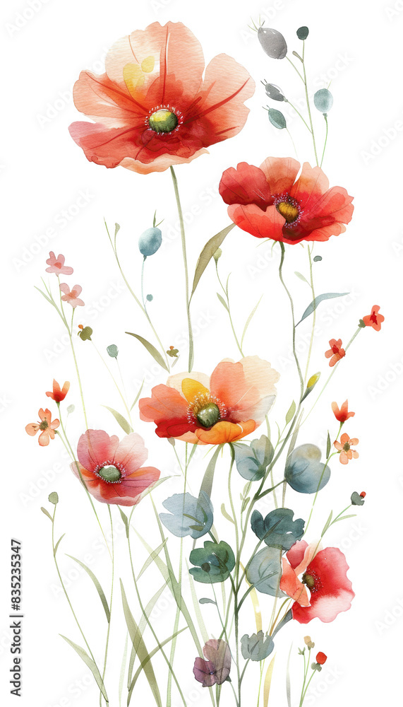 Fototapeta premium Beautiful watercolor painting of red and pink flowers with green stems and leaves, perfect for home decor or greeting cards.
