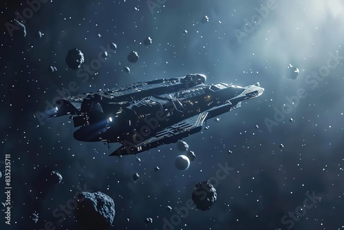 Fototapeta Naklejka Na Ścianę i Meble -  Produce side view of spacecraft in deep space, inspired by pixel animation, with camera angle peeking from asteroid cluster