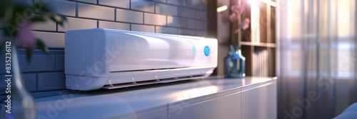 Mockup of a generic air conditioner purifier with a modern bright livingroom background photo