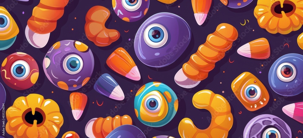 Halloween candy, eyes and mouth on the cover, simple flat cartoon style, colorful candy pattern Halloween candy, eyes and mouth on the cover, simple flat cartoon style, colorful candy pattern