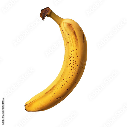 Craft a visually striking image of a banana seen from below on a white background Highlight the fruits yellow hues, shadows, and contours in a way that intrigues and entices the viewer