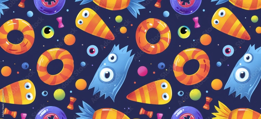 Halloween candy, eyes and mouth on the cover, simple flat cartoon style, colorful candy pattern Halloween candy, eyes and mouth on the cover, simple flat cartoon style, colorful candy pattern