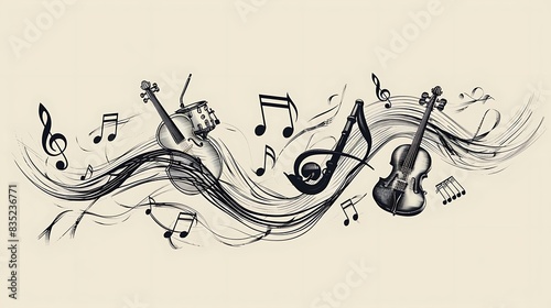 Black and white vector illustration of musical instruments and notes. The image features a violin, a drum, a trumpet, and a saxophone. photo