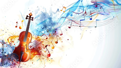 An illustration of a violin with a colorful, abstract background. The violin is in the foreground and is surrounded by swirling lines and shapes.