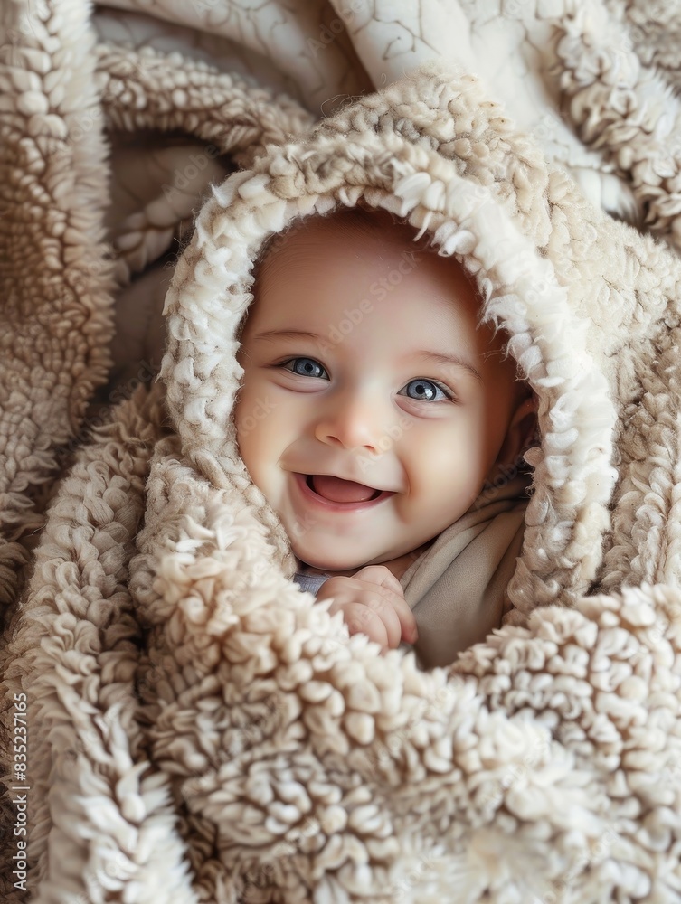 Happy Baby Wrapped in a Soft Blanket with Copy Space Below Happy Baby Wrapped in a Soft Blanket with Copy Space Below