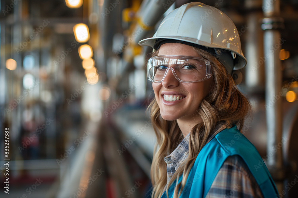 Smiling Caucasian Woman Engineer Wearing Protective Helmet at Manufacturing Facility Smiling Caucasian Woman Engineer Wearing Protective Helmet at Manufacturing Facility