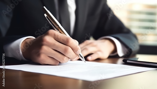 Man signing important document in suit hand and pen close-up