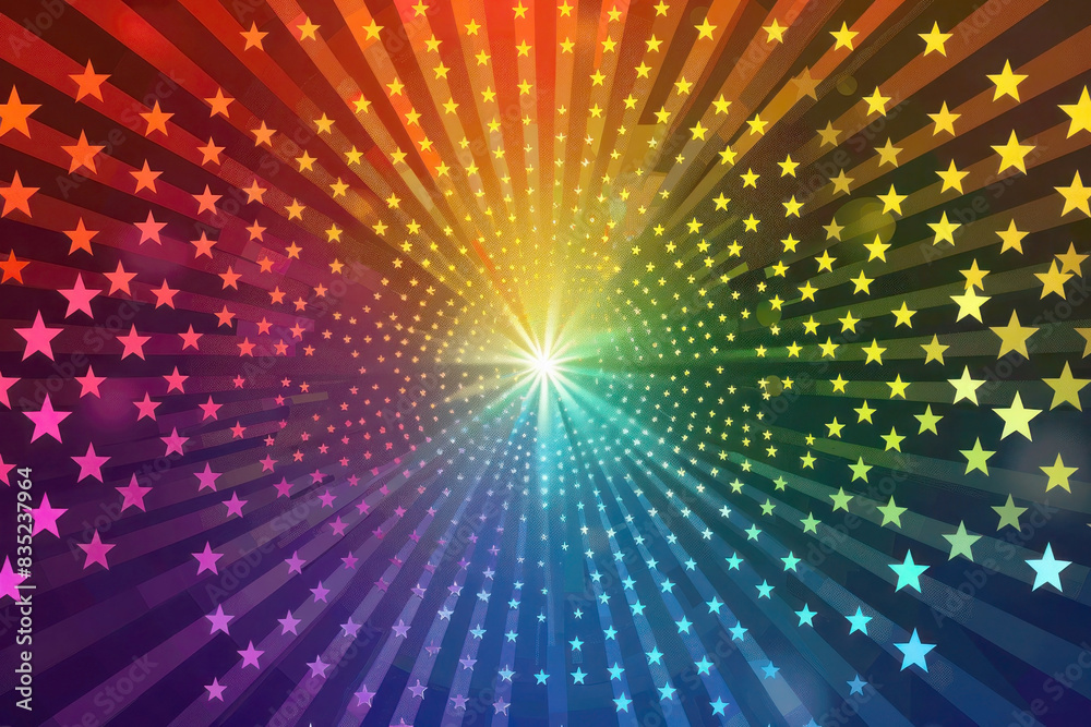Obraz premium Burst of Rainbow Star-Shaped Figures and Dots with Text Space