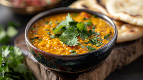 Tigela fumegante de dal tadka, um reconfortante curry indiano de lentilhas, servido com pão roti e guarnecido com coentro photo