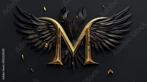 A stylized letter M with wings in black and gold colors