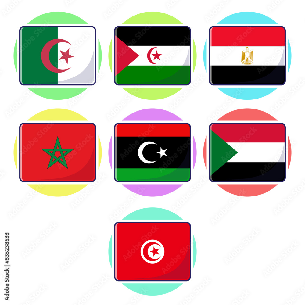 North african countries flags. Flat rectangle vector element design, travel symbols, landmark symbols, geography and map flags emblem. North african countries flags. Flat rectangle vector element design, travel symbols, landmark symbols, geography and map flags emblem.