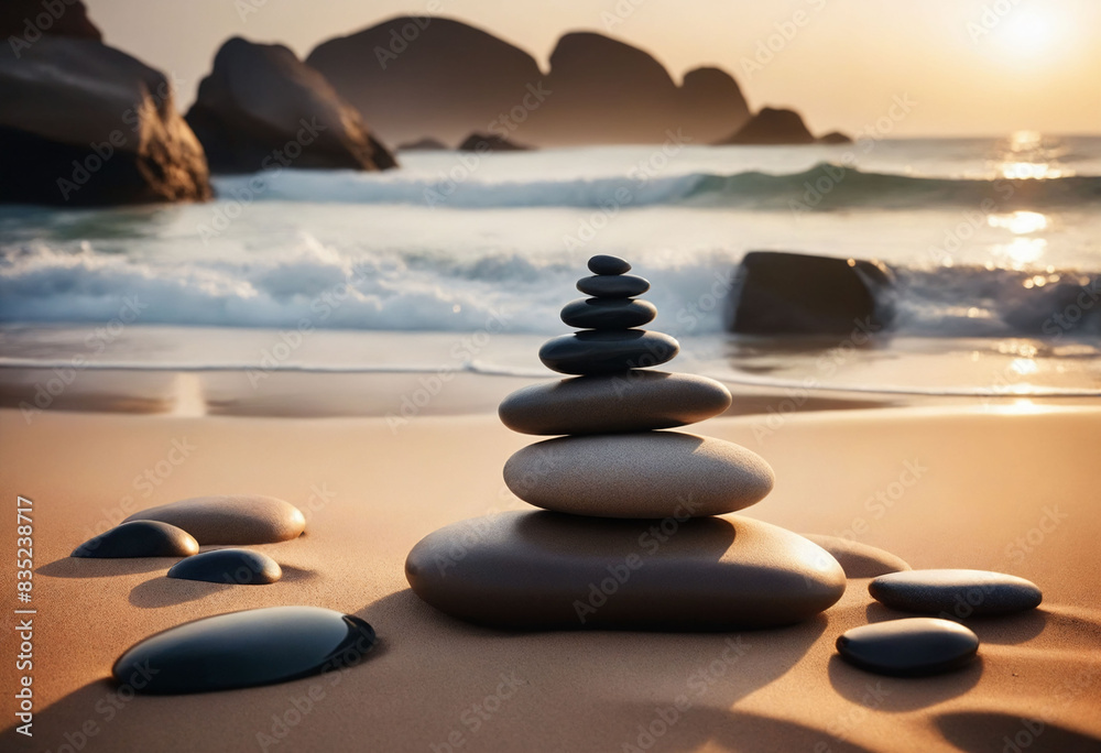 The atmosphere of meditation and tranquility is conveyed by the waves on the sand and zen stones. Rest and relaxation concept