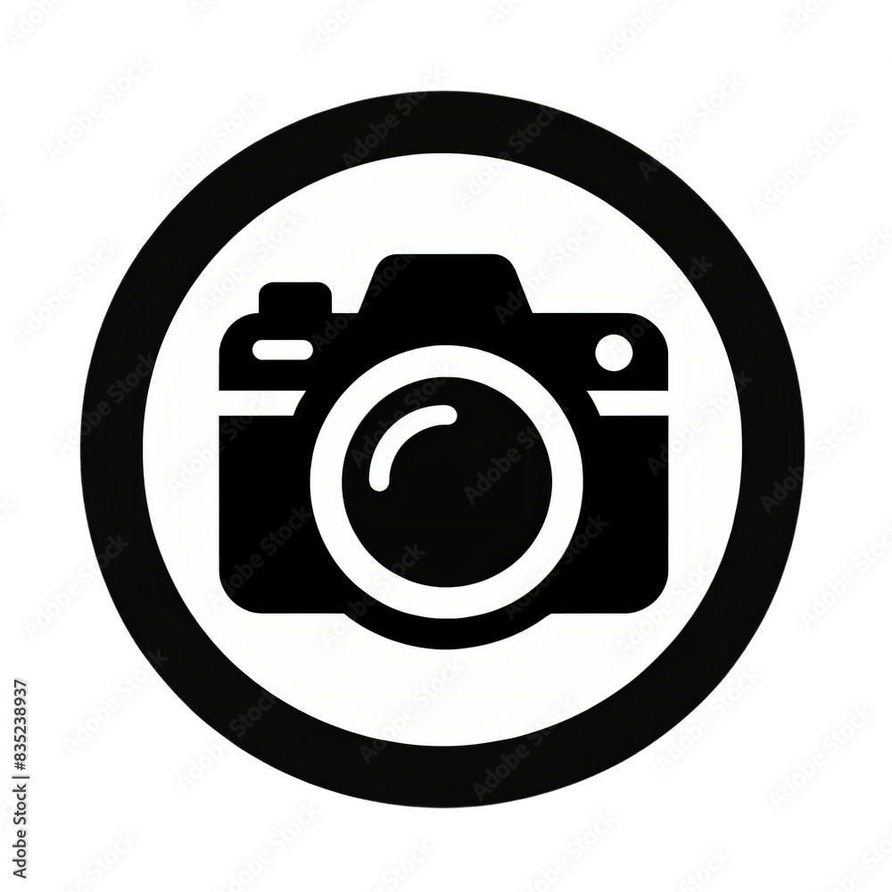 A black and white icon of a camera inside a circle on a transparent background A black and white icon of a camera inside a circle on a transparent background
