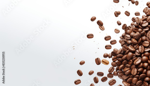 Coffee beans on a white background are scattered along the edge
