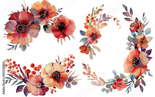 Elegant watercolor floral wreaths with vibrant red and orange flowers, ideal for wedding invitations, cards, and decorative designs.