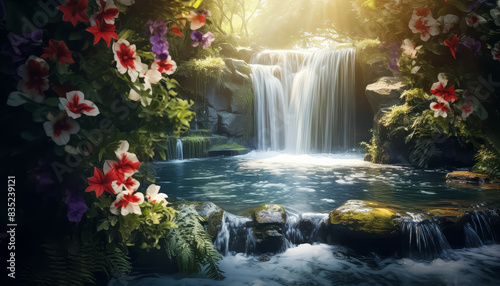 Spring waterfall with flowers beautiful landscape