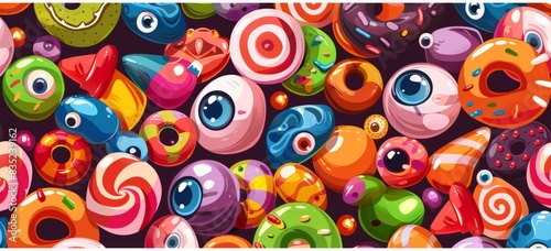 Halloween candy, eyes and mouth on the cover, simple flat cartoon style, colorful candy pattern 