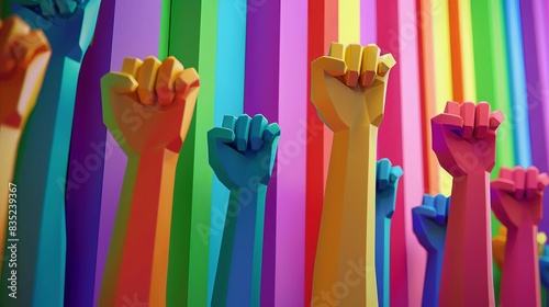 3D Model Abstract Art of Powerful abstract LGBTQ demonstration with raised unified fists