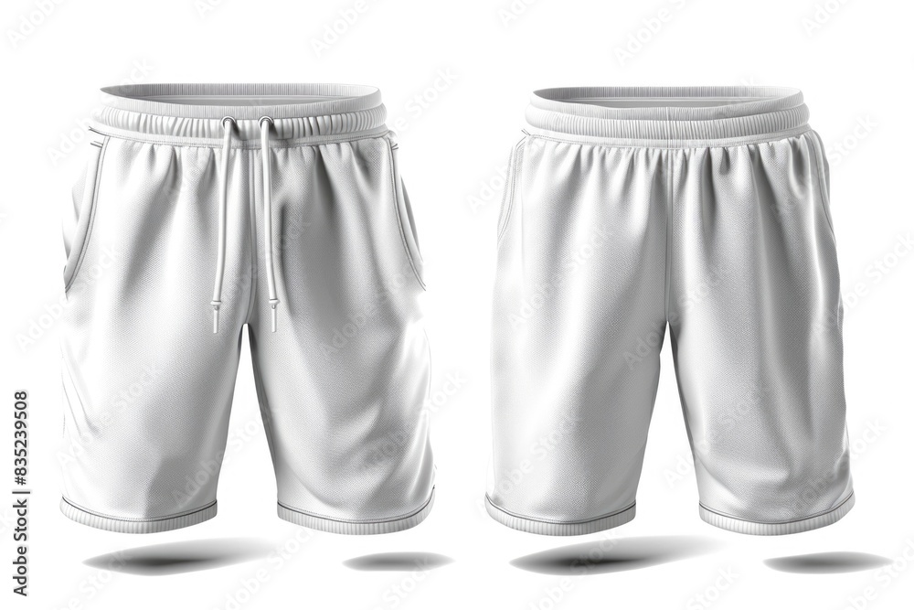 Close-up shot of a pair of men's white shorts against a white background Close-up shot of a pair of men's white shorts against a white background
