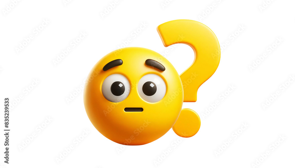 A confused yellow emoji with raised eyebrows and a questioning expression, next to a yellow question mark on a transparent background A confused yellow emoji with raised eyebrows and a questioning expression, next to a yellow question mark on a transparent background