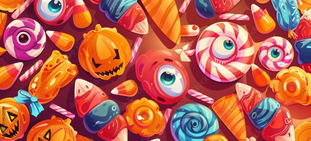 Fototapeta premium Halloween candy, eyes and mouth on the cover, simple flat cartoon style, colorful candy pattern 