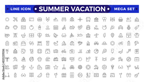 summer vacations icon set. Vector thin line illustrations with objects, activities and places related with traveling, tourism, outdoors in the beach and mountain, camping, resorts and hotels.