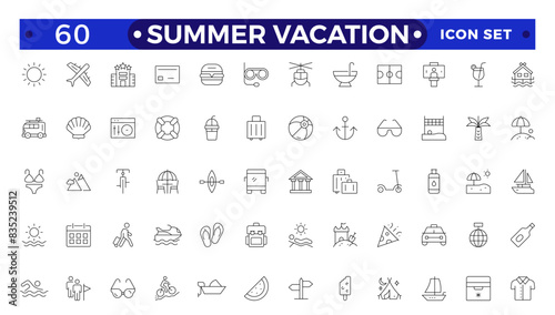 summer vacations icon set. Vector thin line illustrations with objects, activities and places related with traveling, tourism, outdoors in the beach and mountain, camping, resorts and hotels.