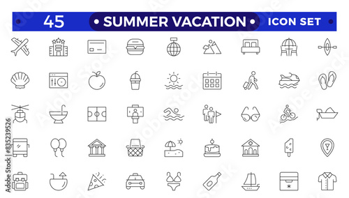 summer vacations icon set. Vector thin line illustrations with objects, activities and places related with traveling, tourism, outdoors in the beach and mountain, camping, resorts and hotels.
