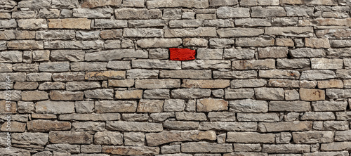 Steinwand mit einem roten Stein