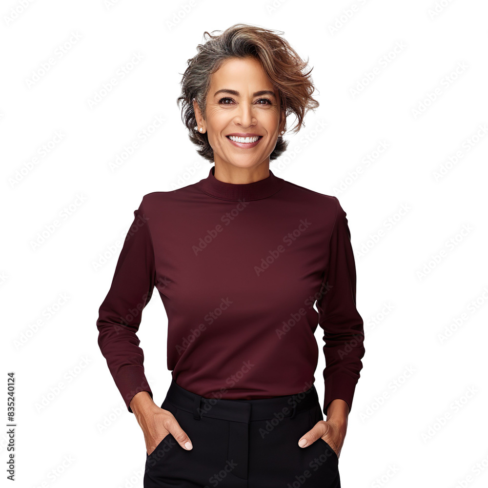 Front view mid shot of a 60-year-old sophisticated Latin woman dressed in a maroon knit top and high-waisted black slacks, smiling on a white transparent background Front view mid shot of a 60-year-old sophisticated Latin woman dressed in a maroon knit top and high-waisted black slacks, smiling on a white transparent background