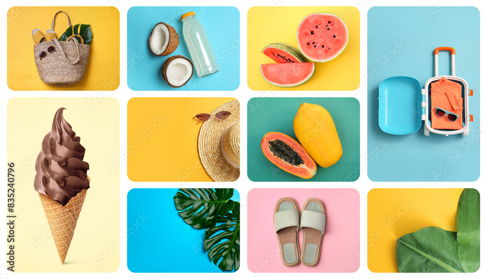Collage with ice cream, suitcase, fruits and beach accessories. Summertime, banner design