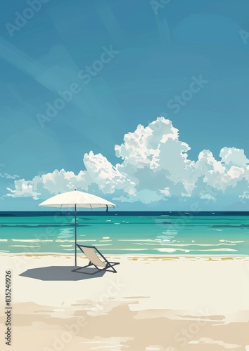 llustration of a summertime beach scene featuring a chair under a white umbrella. The beach has clear blue skies and calm sea waters, with clouds in the background, creating a peaceful seaside