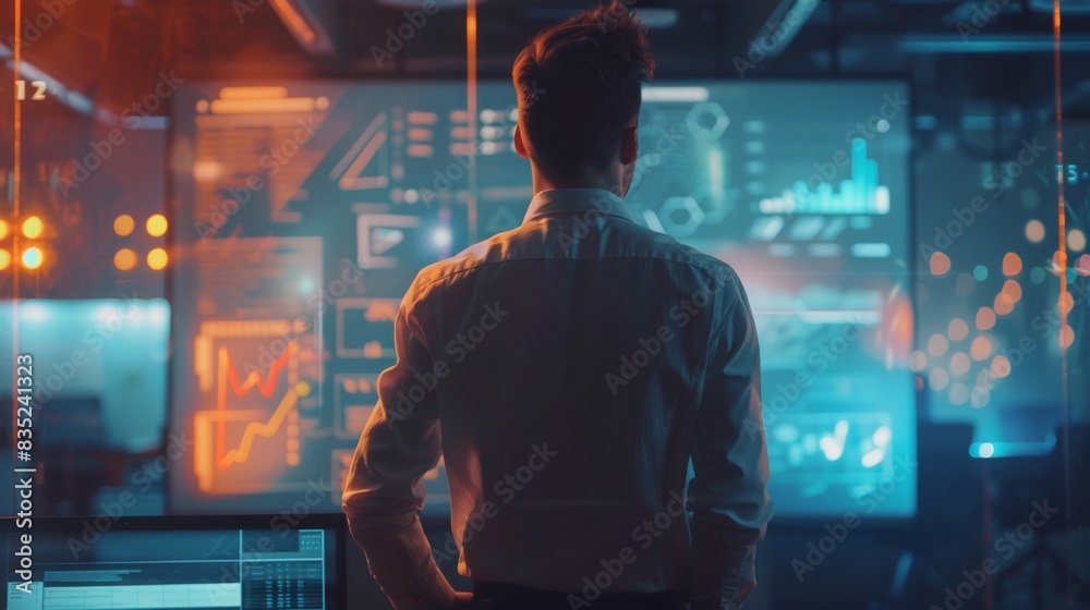 A man stands in front of a large futuristic digital display analyzing complex data and charts in a high-tech, dimly lit environment. A man stands in front of a large futuristic digital display analyzing complex data and charts in a high-tech, dimly lit environment.