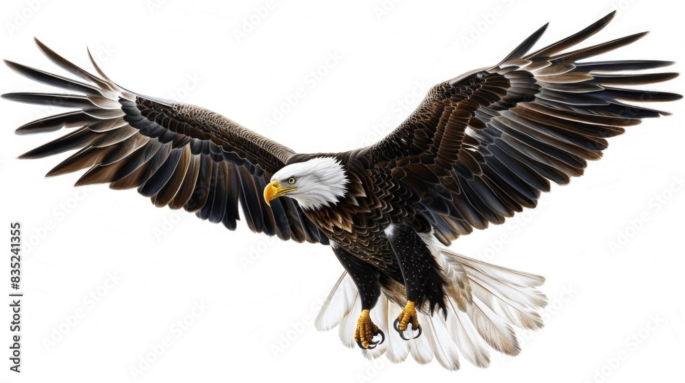 A bald eagle soaring through the sky with its wings outstretched, great for wildlife or nature-themed images A bald eagle soaring through the sky with its wings outstretched, great for wildlife or nature-themed images