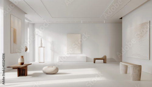 A serene  minimalist gallery with clean  white walls and simple  abstract art pieces  creating a tranquil and sophisticated environment.