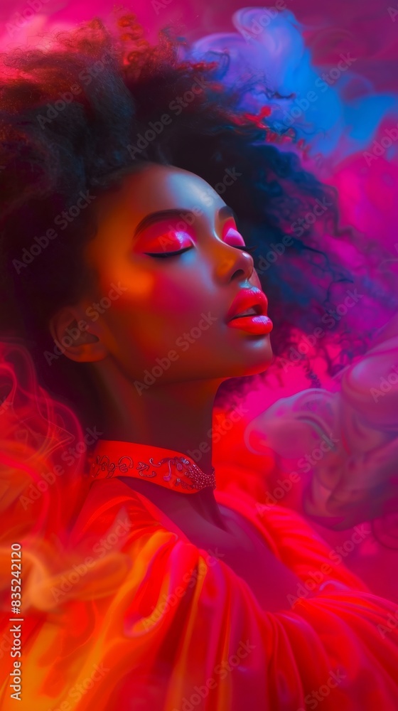 A woman with an afro poses in a colorful, dream-like studio setting A woman with an afro poses in a colorful, dream-like studio setting