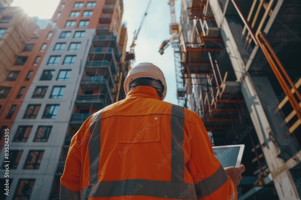 A person wearing an orange jacket holds a tablet in his hand, possibly using it for work or personal purposes A person wearing an orange jacket holds a tablet in his hand, possibly using it for work or personal purposes