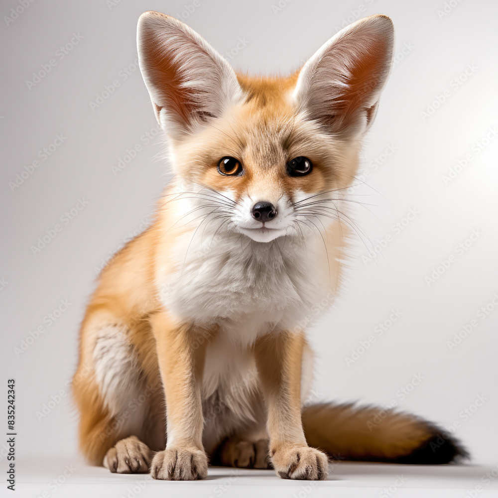 Fennek oder Wüstenfuchs mit großen Ohren, freigestellt vor neutralem Hintergrund, Generative AI Fennek oder Wüstenfuchs mit großen Ohren, freigestellt vor neutralem Hintergrund, Generative AI