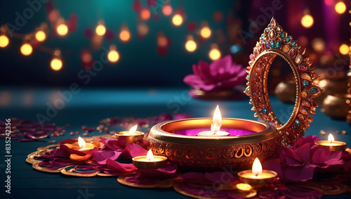 A mesmerizing diwali background design with diya lamp and colorful patterns photo