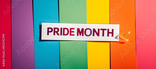 Pride month banner with silhouettes of diverse people LGBTQ+ pride month with celebratory symbols and part, rainbow colors and the text 