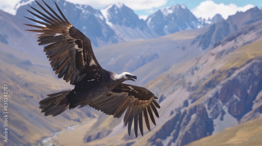 Obraz premium A large bird soars through the air as it flies over a mountain range, with rugged peaks and valleys below